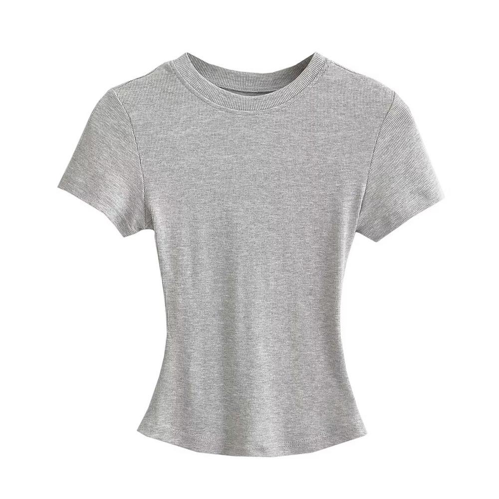 Trendy Women's Ribbed Slim Fit Short Sleeve T-Shirt with Sexy Round Neck and Straight Shoulders.