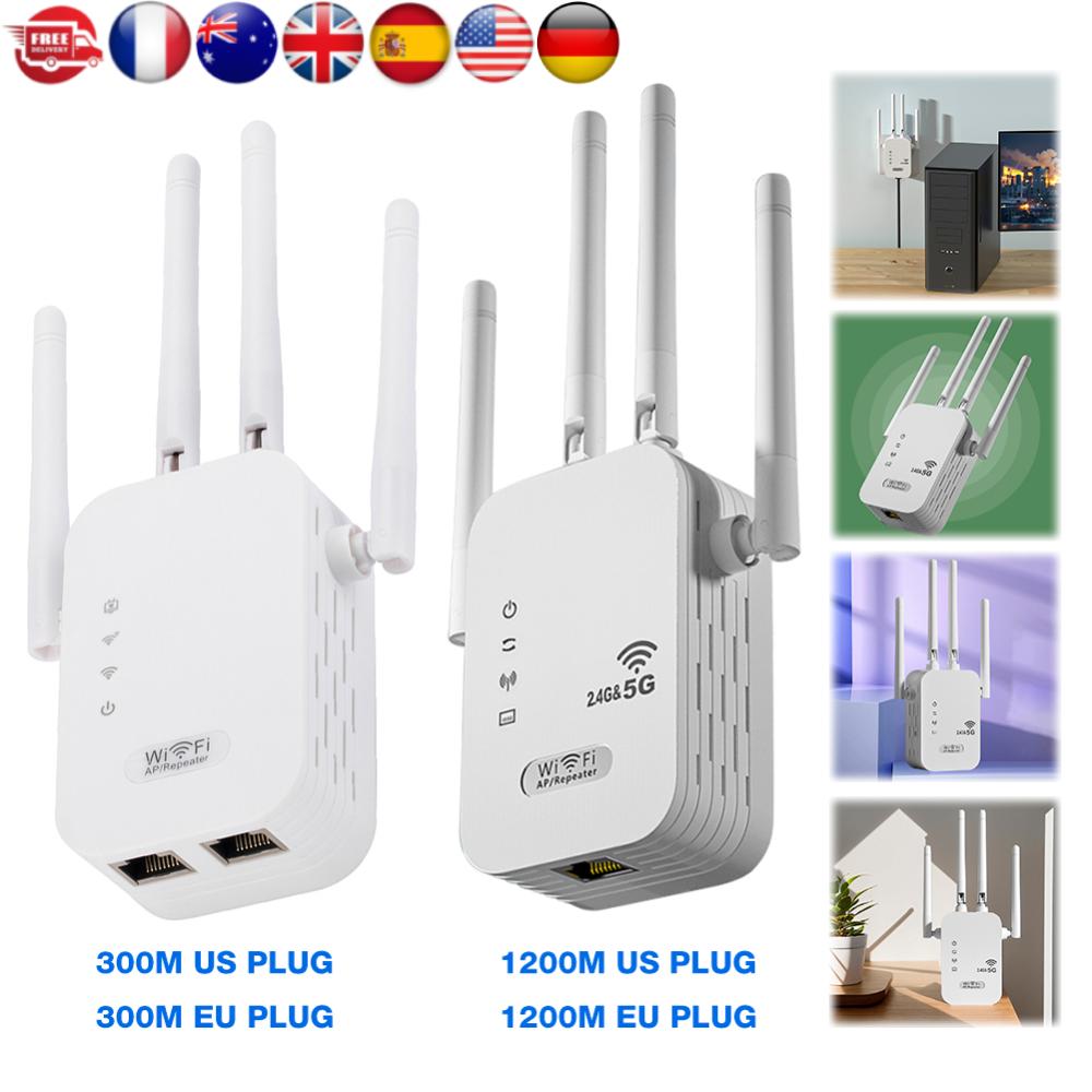 

1200Mbps Wireless WiFi Repeater with WAN/LAN Port Dual-Band 2.4GHz/5GHz WiFi Extender 4 Antennas Wi-Fi Signal Booster for Home EU Plug