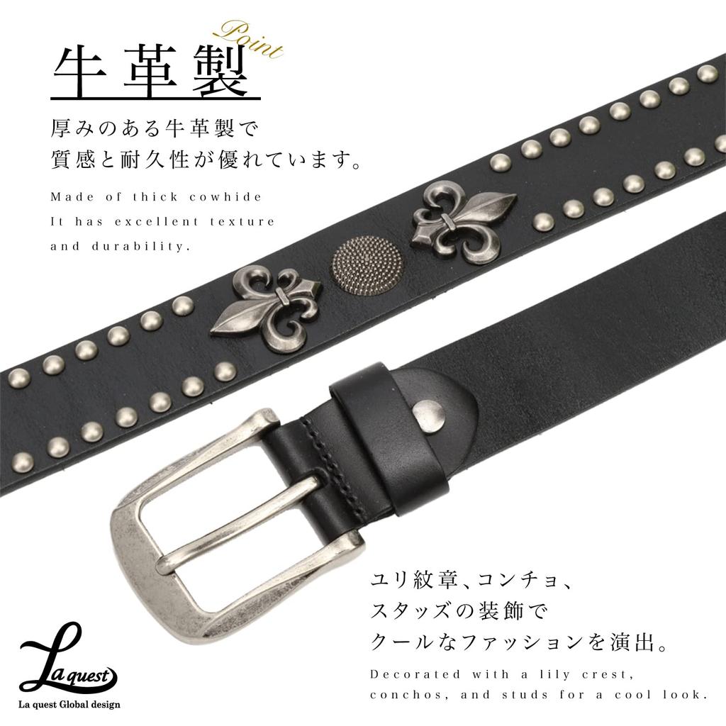 Laquest Leather Studded Belt with Antique Concho and Lily Crest Relief Men's (Black)