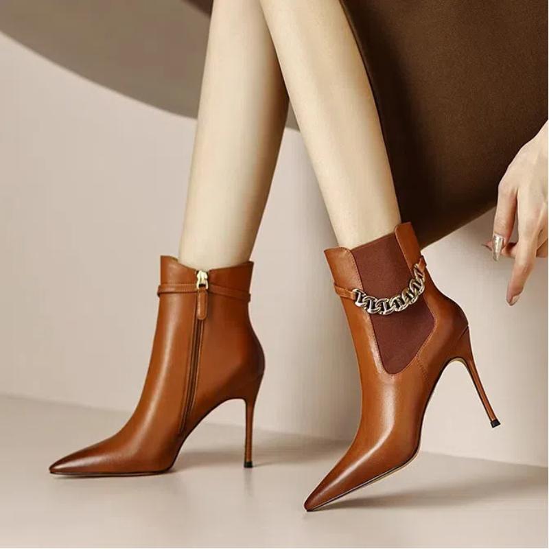 Vinterkjede Høye Hæler Dame Ankelstøvletter Elegante Spisse Sko Dame 2025 Trend Mote Fest Sexy Pumps Chelsea Botas Mujer