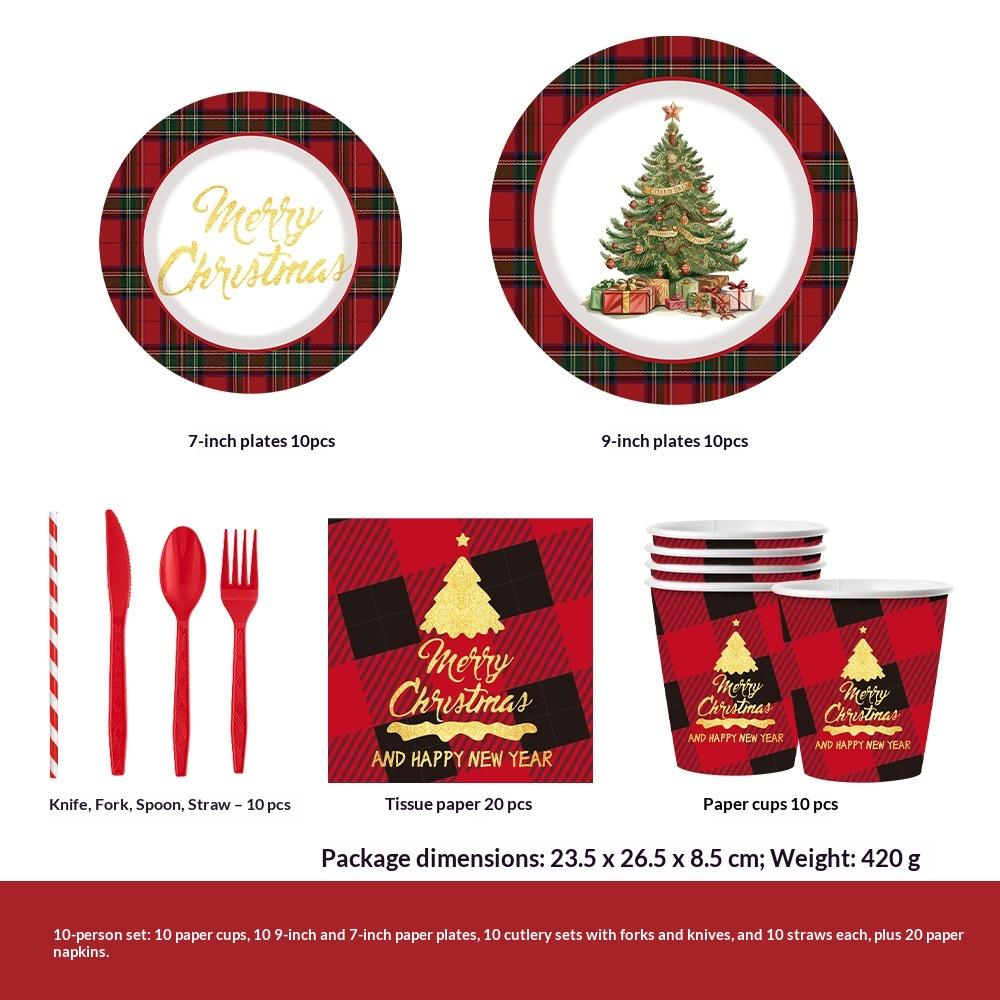 Christmas Party Tableware Set Plaid Printed Disposable Paper Plates Cups Napkins Holiday Party Supplies