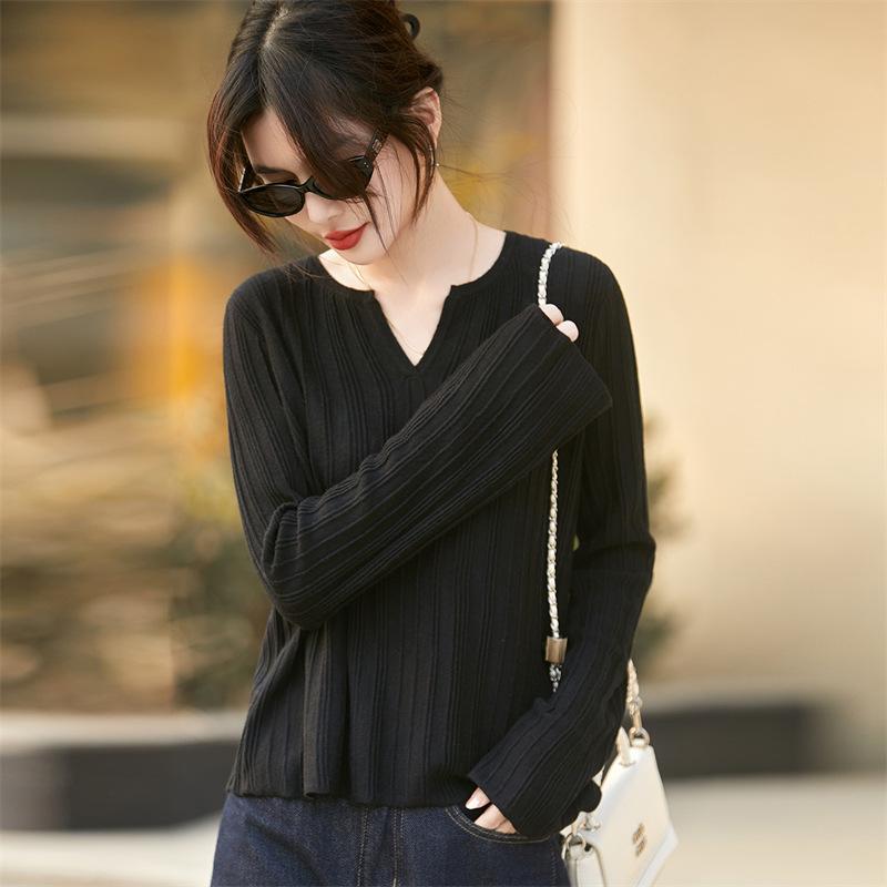 2026 Spring & Autumn Women's V-neck Wool Knit Pullover - Long Sleeve Ribbed Solid Color Top