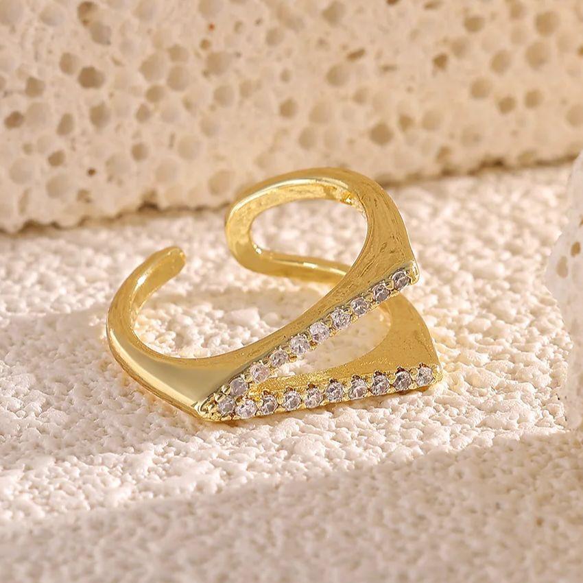 Luxury Zircon Geometric V Rings For Women Gold Color Stainless Steel V Shape Adjustable Ring Wedding Christmas Jewelry Gift