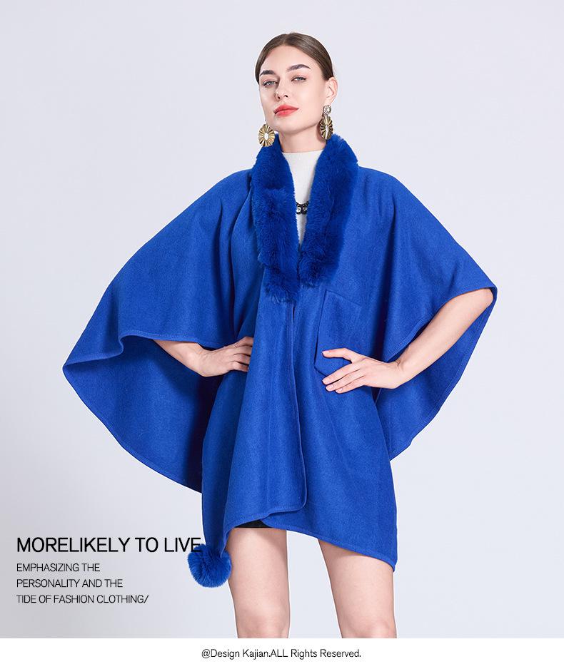 Autumn/Winter Knitted Scarf Shawl Cape with Fur Collar and Pom-Poms (Style 0962#)