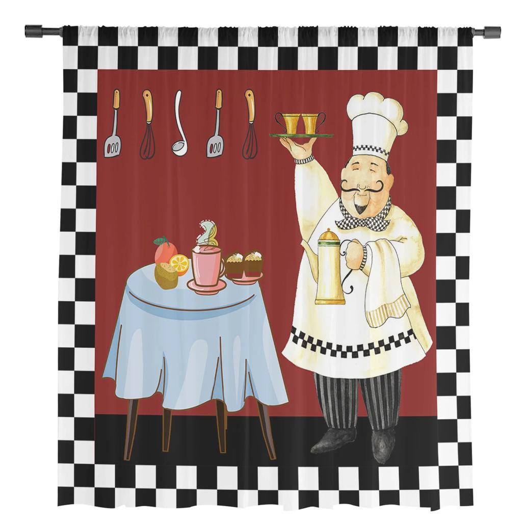 Red Black And White Plaid Kitchen Cook Gourmet Knife Tulle Curtains Living Room Kitchen Window Decoration Voile Sheer Curtain