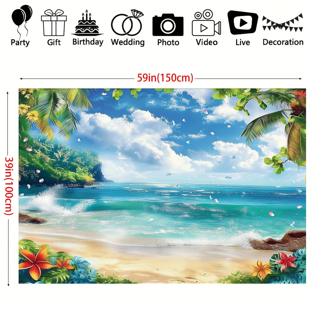 1PC, Hawaiian Beach Background Cloth, Blue Sky and Ocean, Palm Leaves and Flowers, Suitable for Party and Birthday Decoration