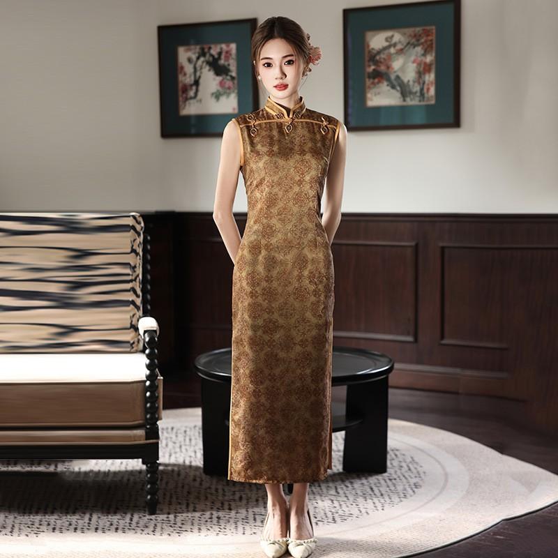 Yellow Modern Chinese-Inspired Sleeveless Long Cheongsam Dress 2026 Womens Elegant Formal Gown Medium