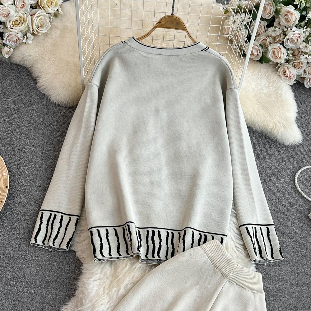 Autumn Winter Lady Knit Female Sweater Tracksuit Single Breasted Painting Cardigan Coat+Wide Legs Pants Women 2 Piece Set