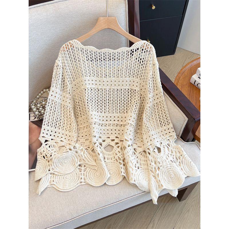 Bohemian Style Plus Size Women Clothing Crochet Hollow Knitted Pullover Airable Shirt Capri Bell Sleeve Cover Up Sun Protection Clothing