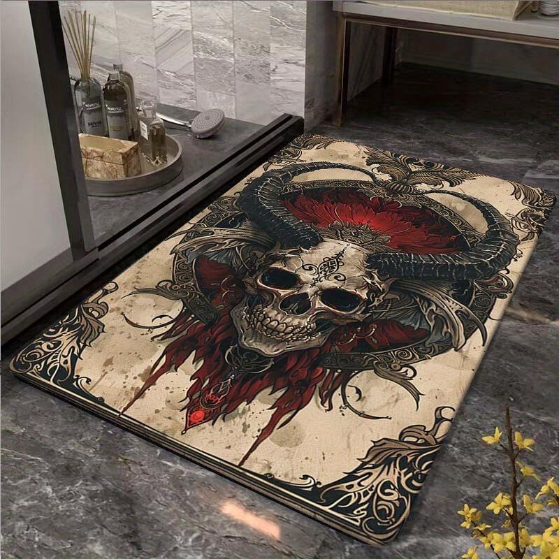 

Gothic Skull Horns Red Fabric Doormat, Dark Themed Non-Slip Rug for Living Room Bedroom Mysterious Decor 40x60cm