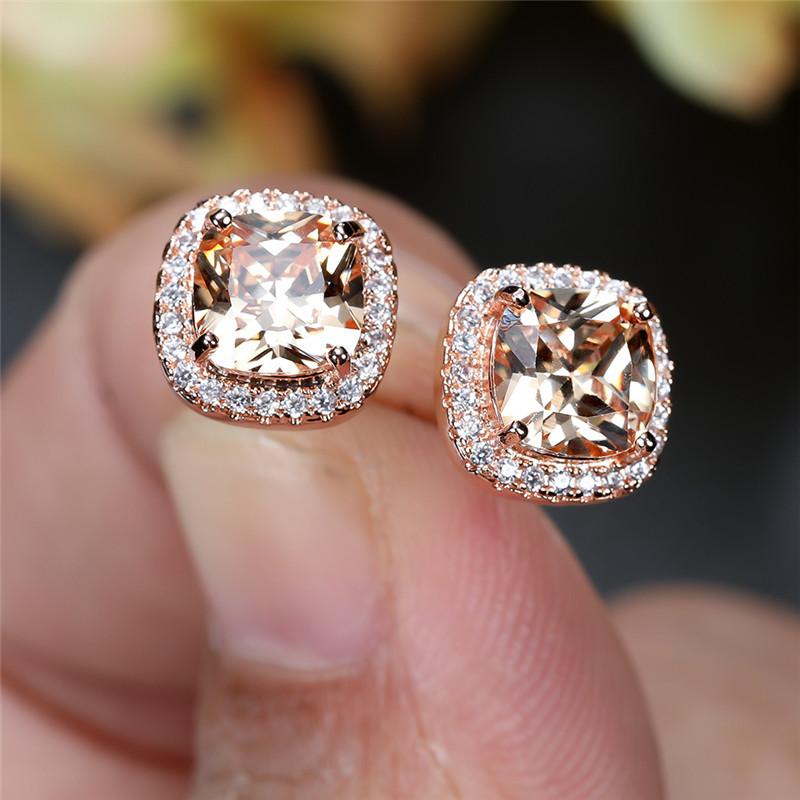 1 pereche de cercei tip prințesă de lux tăiat prințesă de culoare aur roz șampanie piatră cercei cu șuruburi cercei cu patru gheare bijuterii
