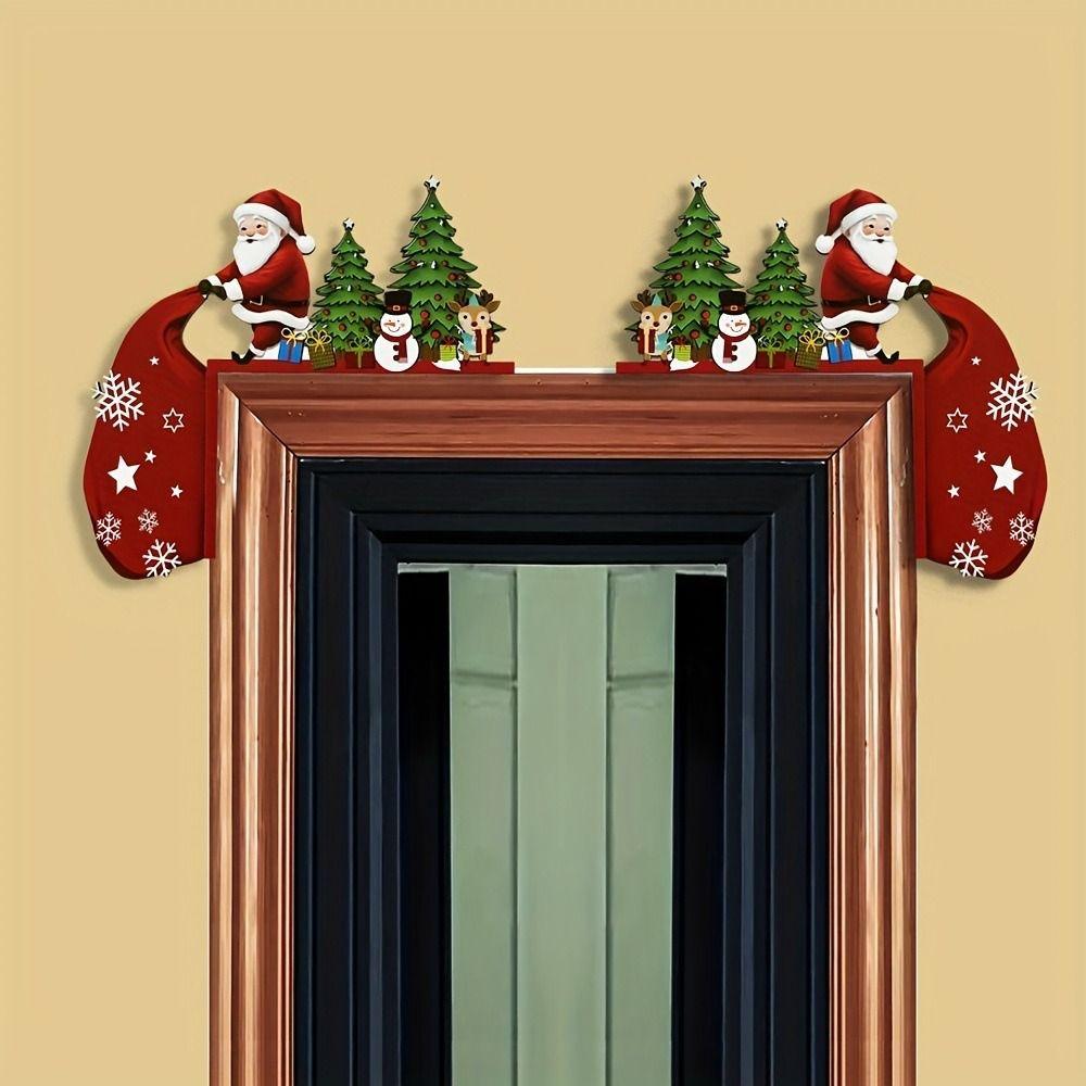 2pcs Wooden Christmas Door Corner Frame Cartoon Santa Claus Door Frame Decoration Modern Door Sign Festive Occasions