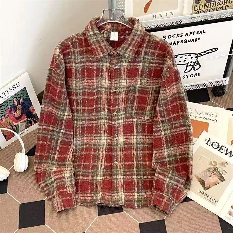 Women's Retro Plaid Wool Shirt - Autumn/Winter, Loose Fit, Long-Sleeves, Unisex Outerwear