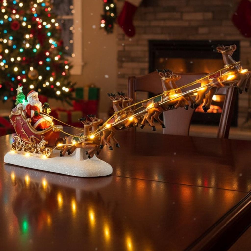 Christmas Santa Claus Sleigh with Reindeer Figurine LED Light Holiday Village House Ornament  Home Tabletop Decoration Xmas Gift