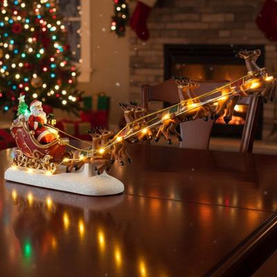Christmas Santa Claus Sleigh with Reindeer Figurine LED Light Holiday Village House Ornament Home Tabletop Decoration Xmas Gift