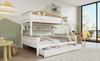 Bunk Bed with Windmill, Shelves, Color-Contrasted Safety Rail, Four-Step Angled Ladder and Drawers, Pine+MDF, White+Natural, 90x200cm&140x200cm