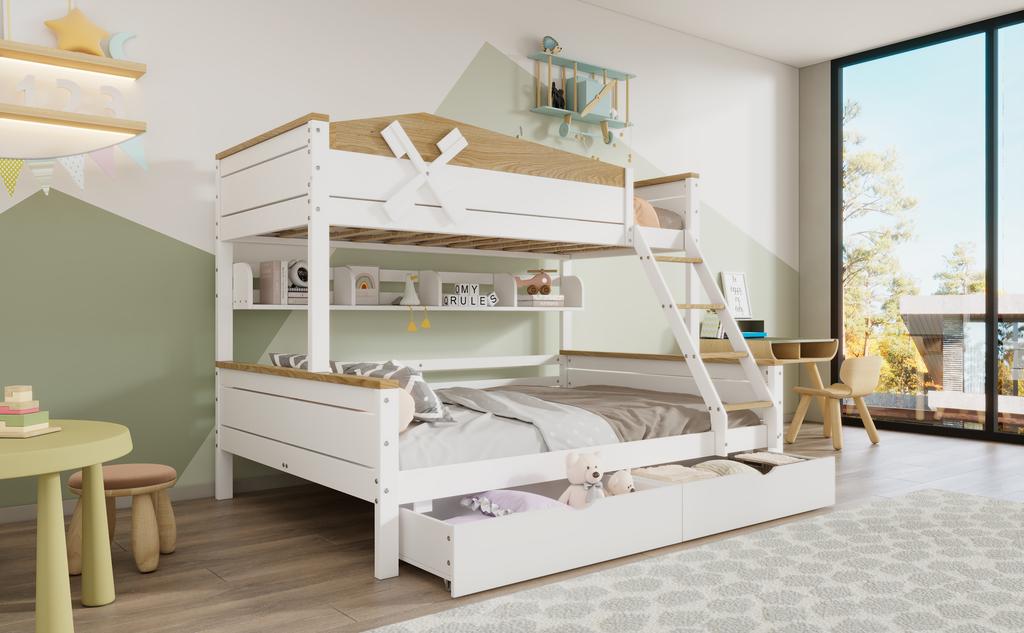Bunk Bed with Windmill, Shelves, Color-Contrasted Safety Rail, Four-Step Angled Ladder and Drawers, Pine+MDF, White+Natural, 90x200cm&140x200cm