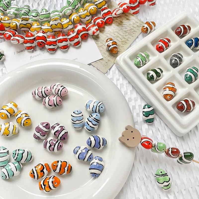 1Pc Stripe Painted Cute Small Fish Beads Charms Ceramic Spacer Loose Beads For Jewelry Making Diy Bracelet Accessories