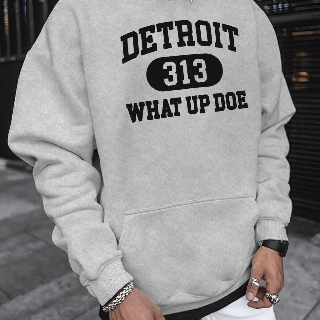 DETROIT 313 WHAT UP DOE Men'S Hooded Sweatshirt - Casual Long Sleeve, Printed Pullover for Autumn & Winter, loose Sweatshirts