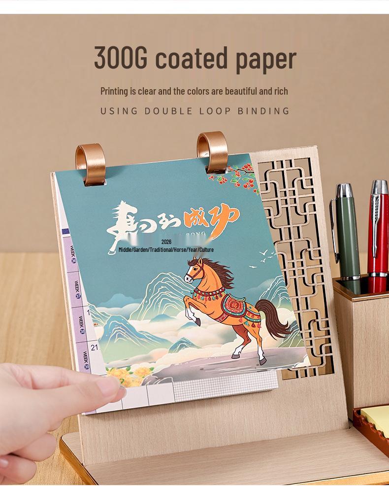 2026 Desk Calendar: Multifunctional Wooden Stand with Pen Holder & Self-Discipline Planner - Exquisite Gift Set, Customizable