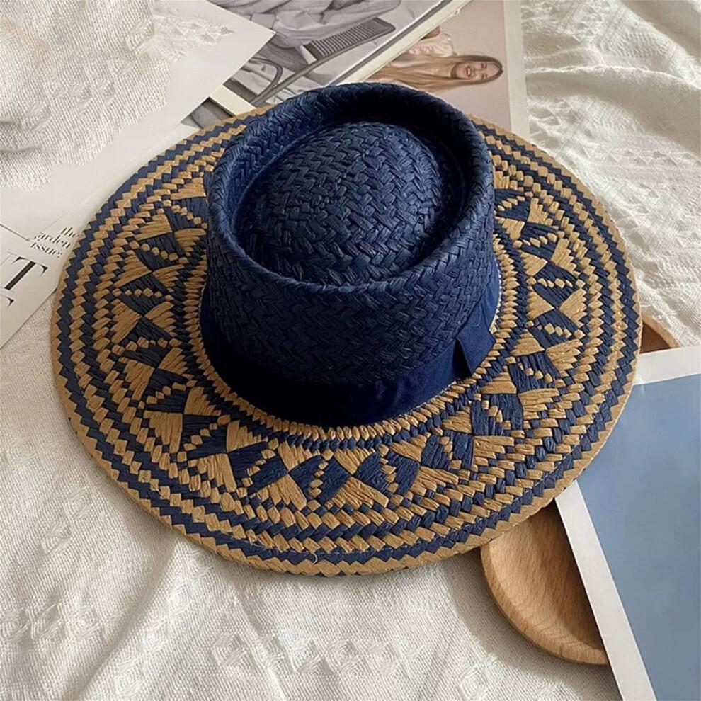 (L, Blue) Men Women Straw Sun Hat Breathable Ethnic Style Stylish Flat Top Wide Brim Beach Hat