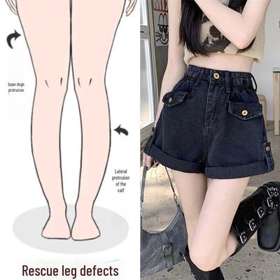 Damen High-Waist Schwarze Denim Shorts, Sommer 2024, Locker A-Linien Weitbein Design, Kleine Größe