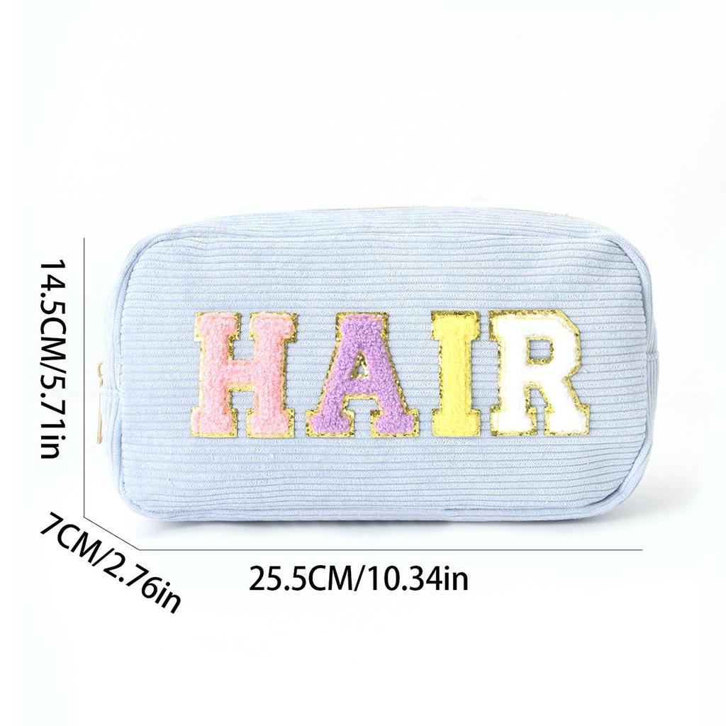 Embroidered Corduroy Letter Toiletry Bag - Large Capacity, Portable Cosmetic Storage