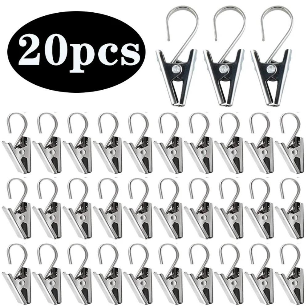 20-PCS Stainless Steel Curtain Hook Clips, Heavy Duty Drapery Hooks for Living Room Bedroom Window Decor (Silver)