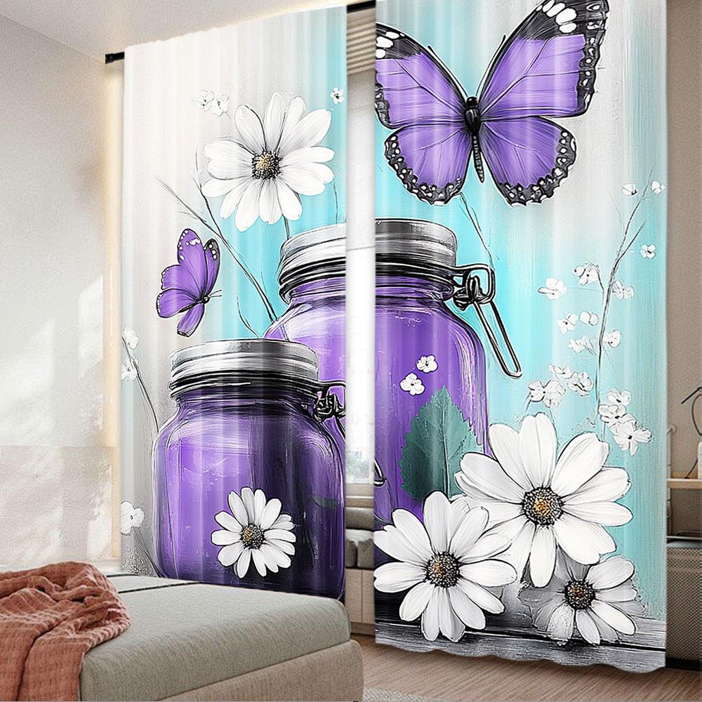 2Pcs Rustic Farmhouse Floral Curtain Purple Teal Daisy Flowers Butterfly Abstract Curtain Country Farm Turquoise Curtain