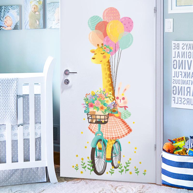 Cyclist Giraffe Wallpaper Self-Adhesive Bedroom Children'S Room Wall Decoration Wall Sticker Sticker Girl Room Layout Door Sticker Wall Sticker
