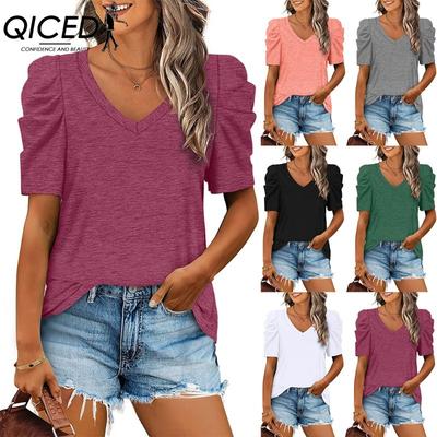 Women's Fashion Casual Solid Color Print Short Sleeve V Neck Blouses & Shirts