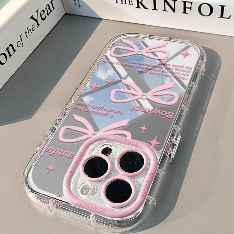 Pink Bow Suitable for IPhone16promax Phone Case Apple 14 Mirror Cream 12 Creativity
