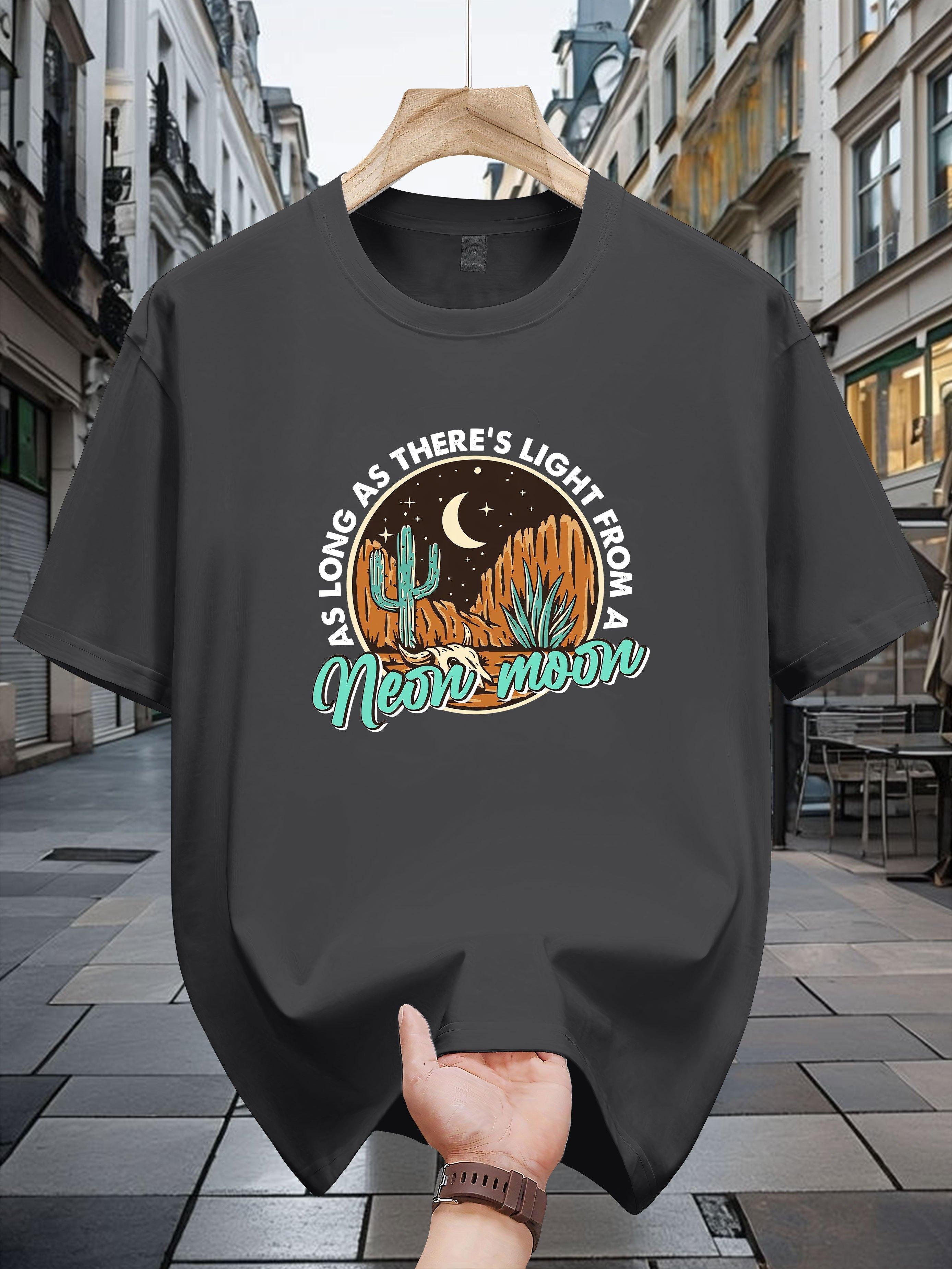 

200g 100% Cotton Short Sleeve T-shirt - Black Desert Night Graphic Print with Cacti & Moon XXL