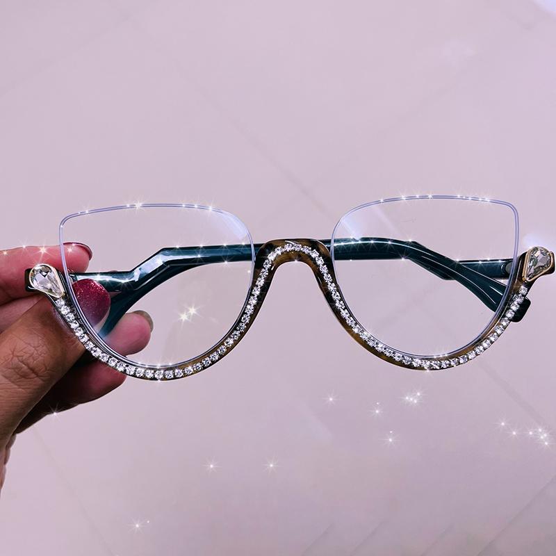 Vintage Half Frame Diamond Anti Blue Light Optical Glasses Frames Brand Designer Women Fashion Cat Eye Computer Eyeglasses