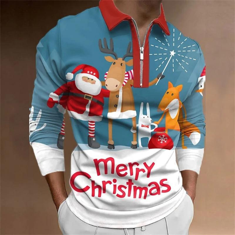 Men Fashion Spring Autumn Polyester Zippo Polo Shirt  Christmas 3D Digital Print Casual Polo Shirt Tops