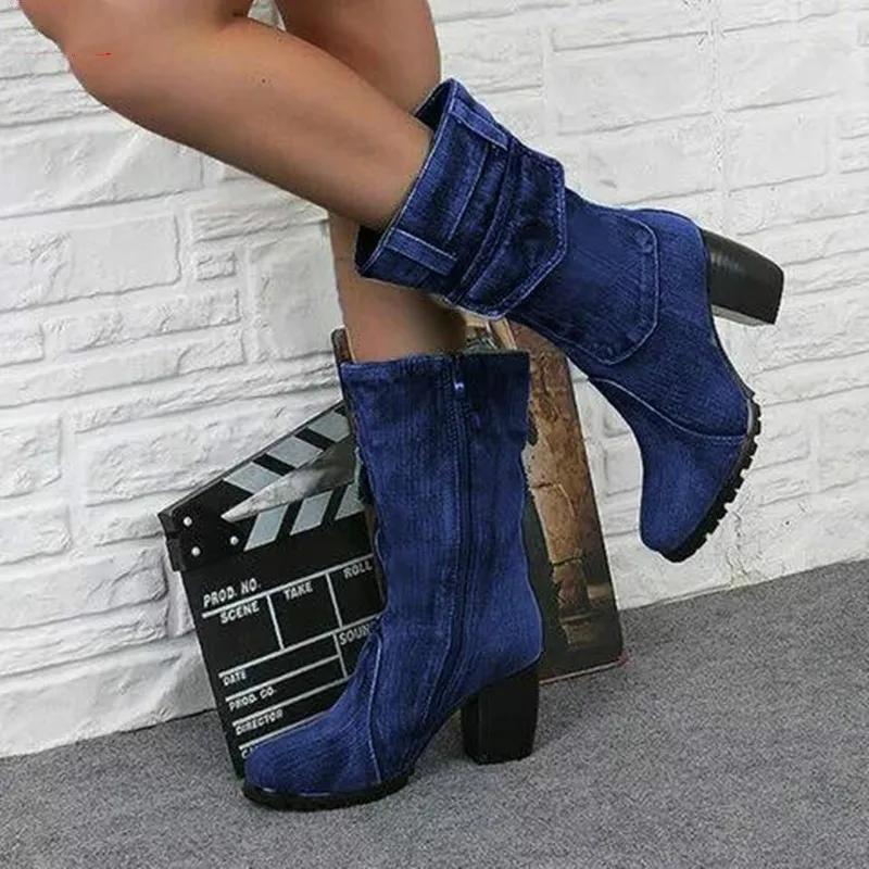 Fashion Cowboy Women's Boots 2024 Autumn and Winter New Pointed Denim Style Casual Temperament High Heels Single Shoes Zapatos De Mujer