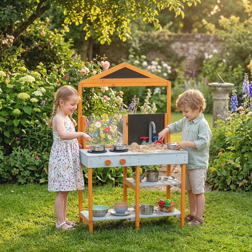 Cucina di Fango per Bambini, Cucina Giocattolo in Legno da Esterno con Lavello, Fornello, Pentolame, Mensole, Giocattolo per Giochi di Finzione per Età 3-8