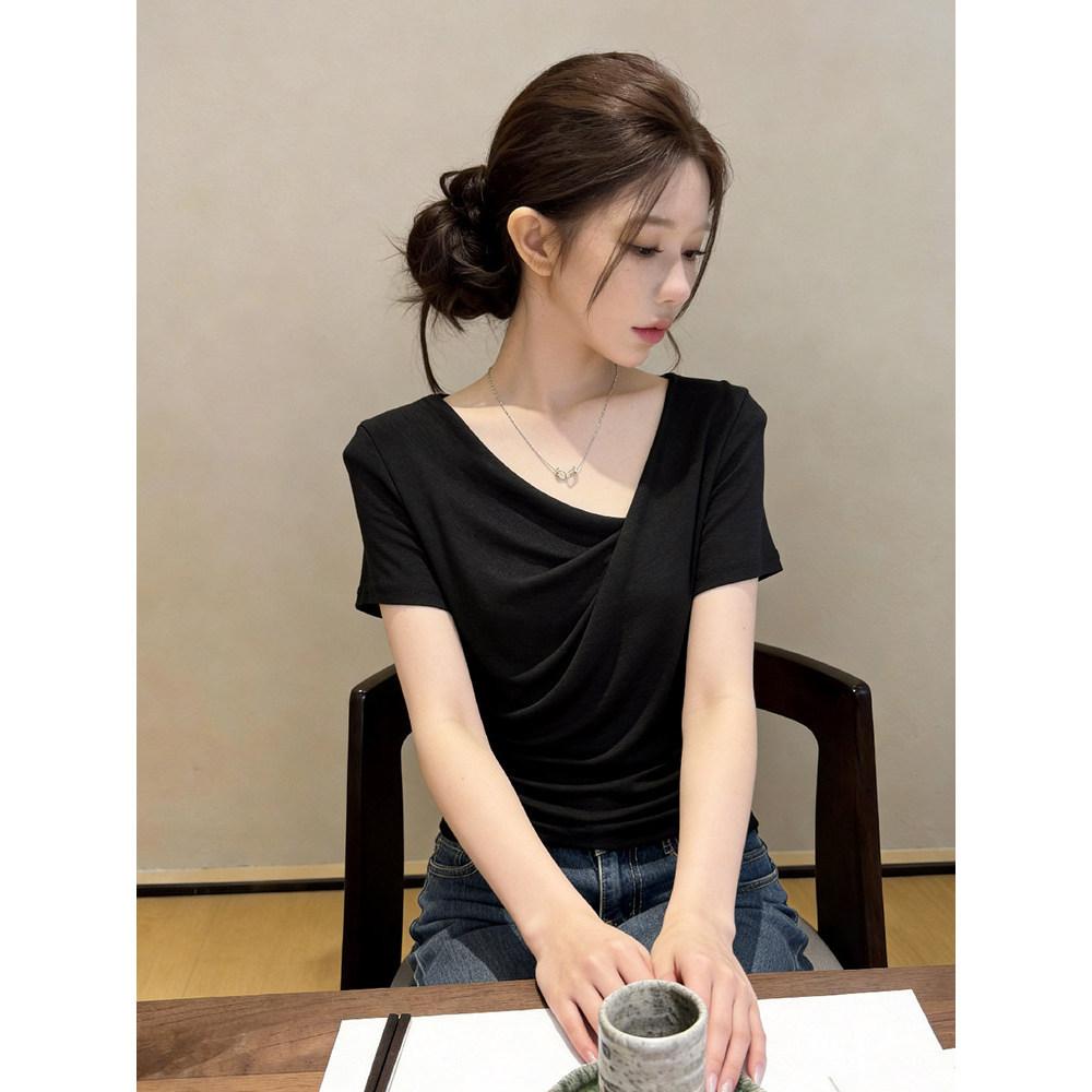 Light and mature style Irregular short-sleeved women's summer temperament Swinging collar bottoming top Waist pleated Spice girl style T-shirt inside