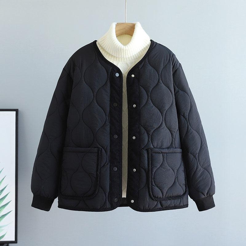Herbst Winter High-End Rundhals Damen Cord Patchwork Diamantgesteppter Baumwollgepolsterter Mantel Locker Warme Steppjacke