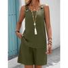 Western Spring Summer Fall New Solid Color Craft Fabric Double Pocket Sleeveless Top and Shorts, Vacation Style Elegant Casual Set