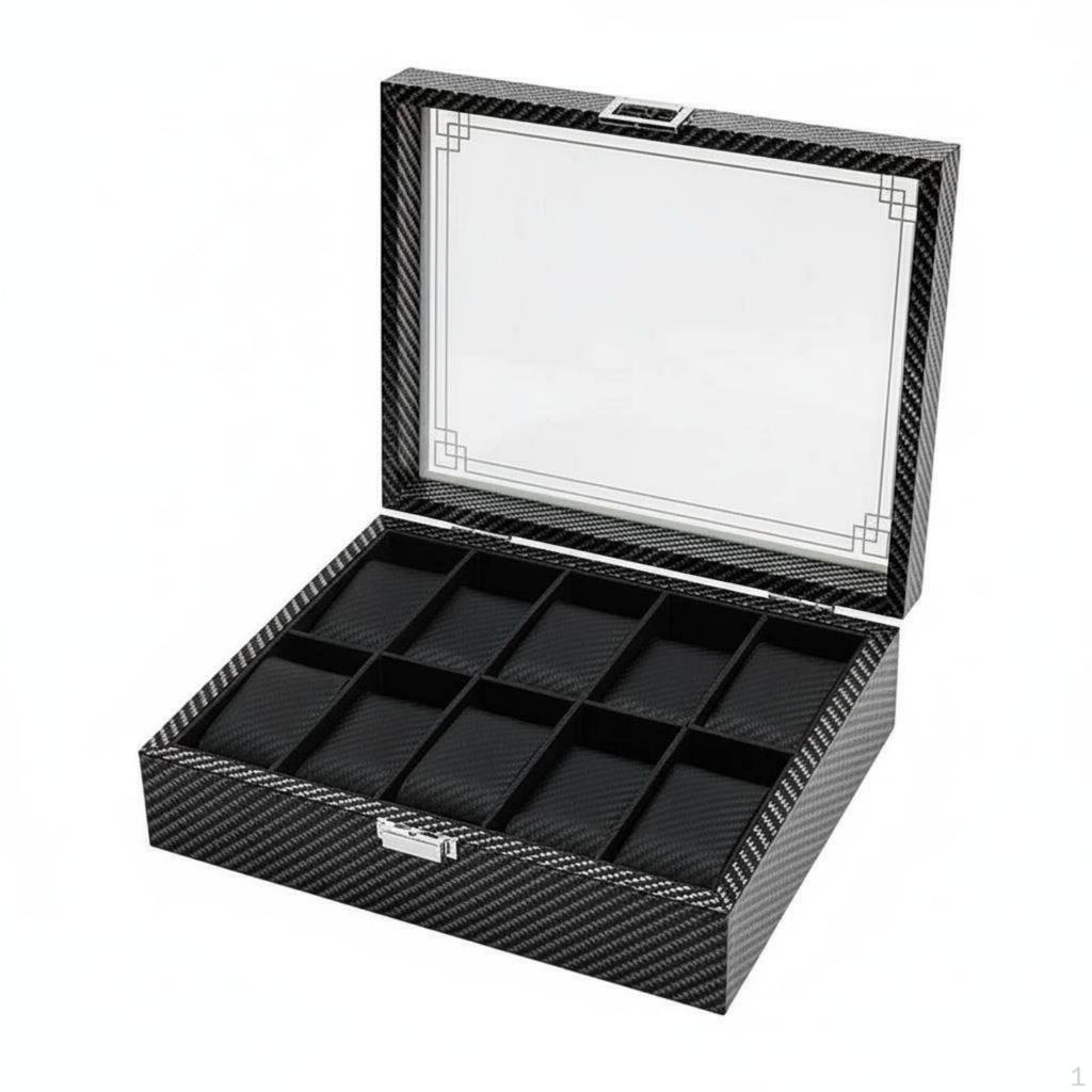Carbon Fiber Watch Box Clear View Lid Collection Organizer Large Capacity Men's Jewelry