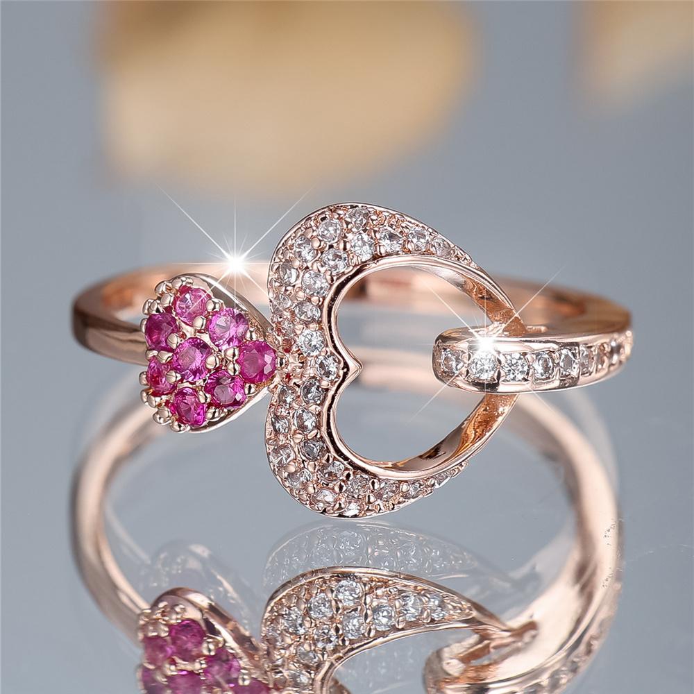 Luxury Female Rose Red Zircon Stone Heart Finger Ring Vintage Gold Color Wedding Band Bridal Jewelry For Women
