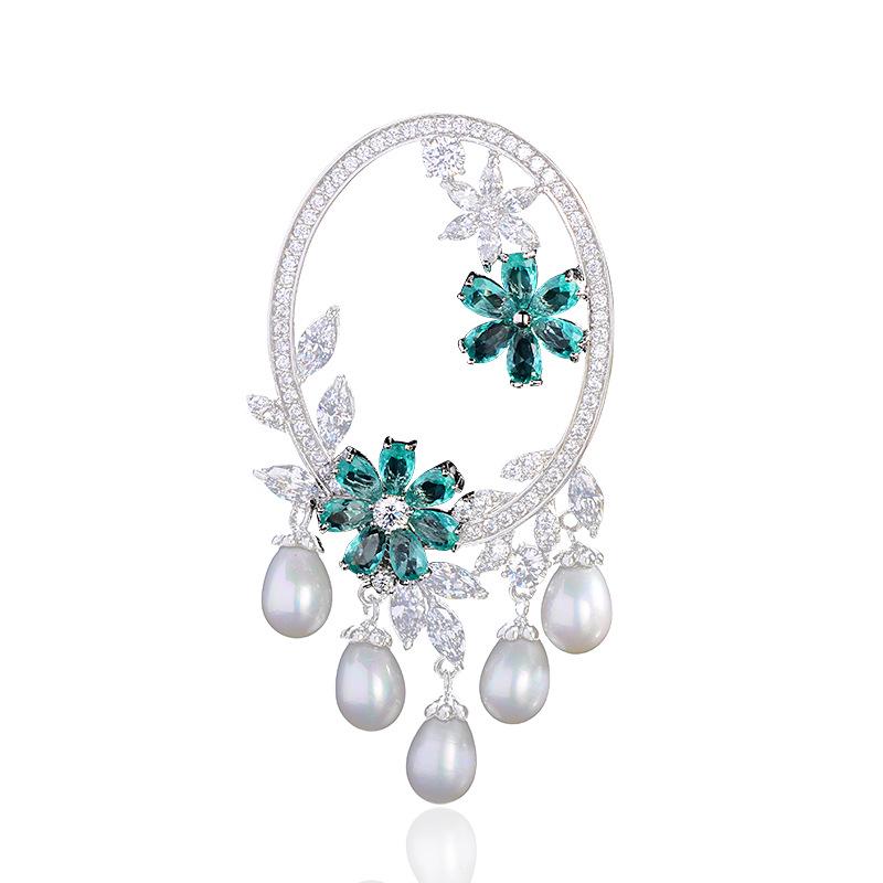 Chinese Style Mirror Flower Pearl Brooch: Micro-set Zircon, Sparkly, Exquisite, Elegant Design, Suit Corsage Pin for Women