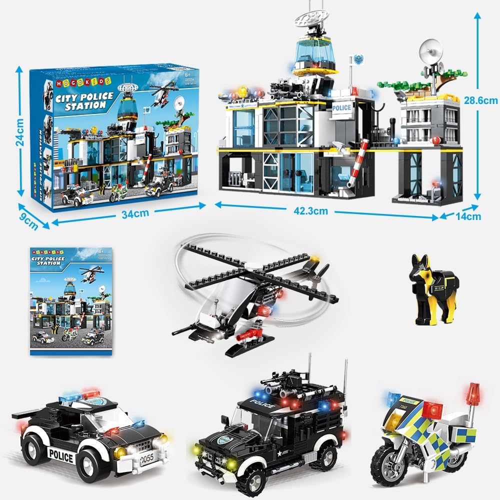 HOGOKIDS City Police Station Building Set - 1261 PCS Police Building Blocks Toys with Helicopter Motorcycle and 2 Cars, STEM Police Construction