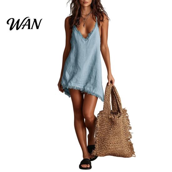 Party Dress Women Short Summer Fringed Deep V Neck Sleeveless Slip Elegant Casual Loose Boho Beach Spaghetti Strap Above Knee Mini