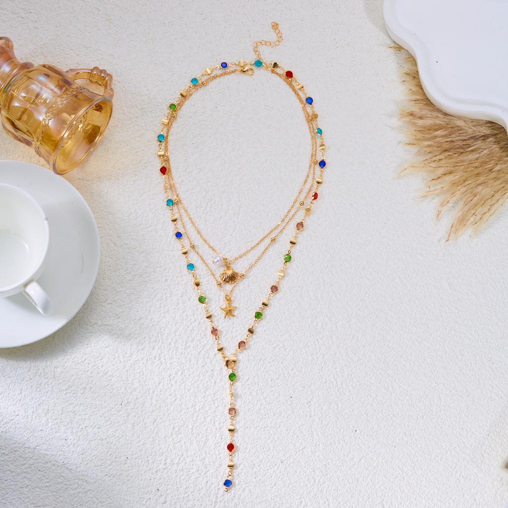 Bohemian Long Layered Copper Chain Necklace Set with Shell And Starfish for Women Elegant Personality Y-Chain Collarbone Chain