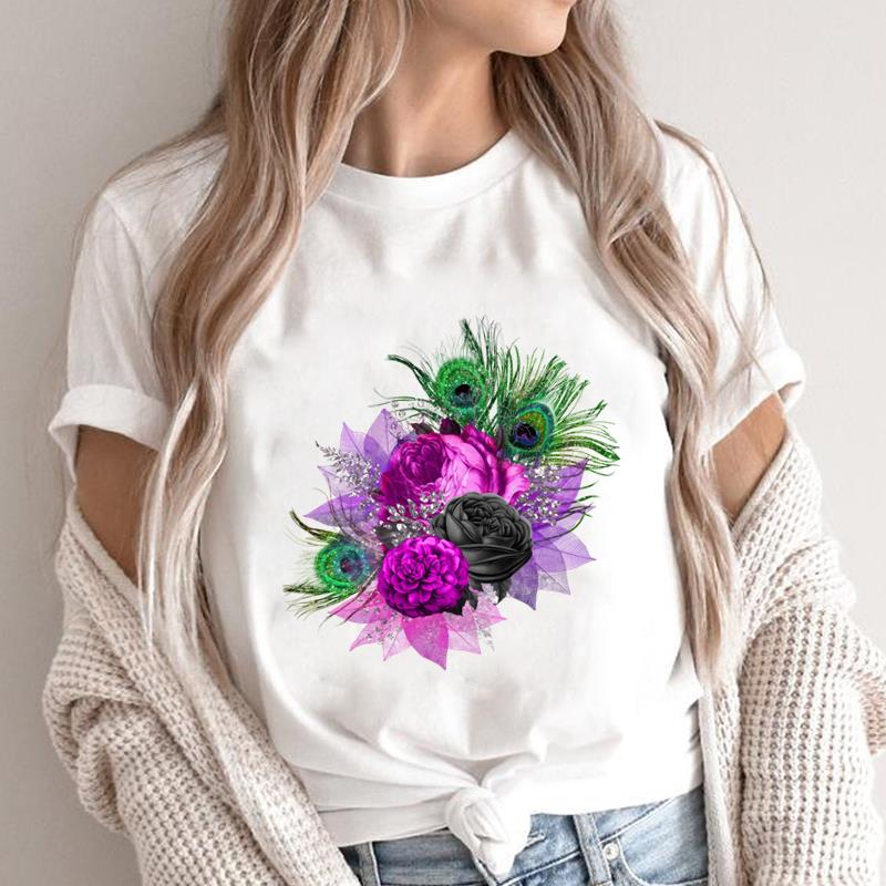 (Asian Size) feather style lovely Print Short Sleeve T-shirts Fashion Female Casual Women's Top T Clothing O-neck Graphic Tee