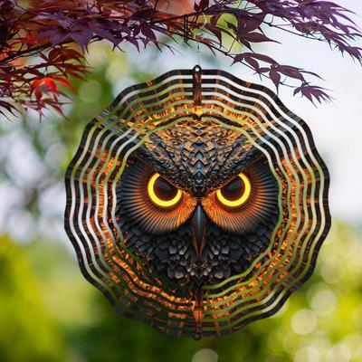 Bohemski Metalowy Dzwonek Wietrzny z Żywym Wzorem Sowy - Dwustronny, Hak Obrotowy 360° dla Łatwego Zawieszania, Idealny na Balkony