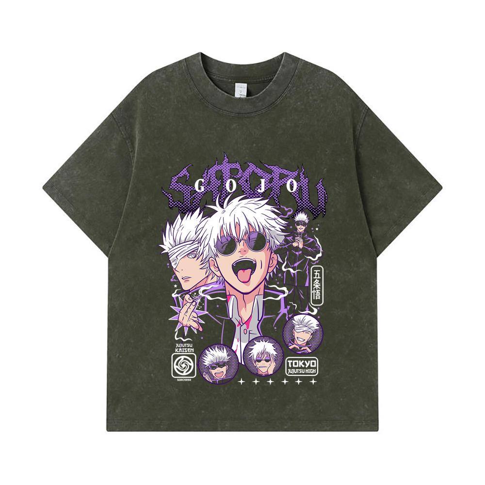 

275 GSM Washed T-shirts 100% Cotton Jujutsu Kaisen V5 Gojo Print Unisex Heavy Cotton T Shirt S армия зеленый