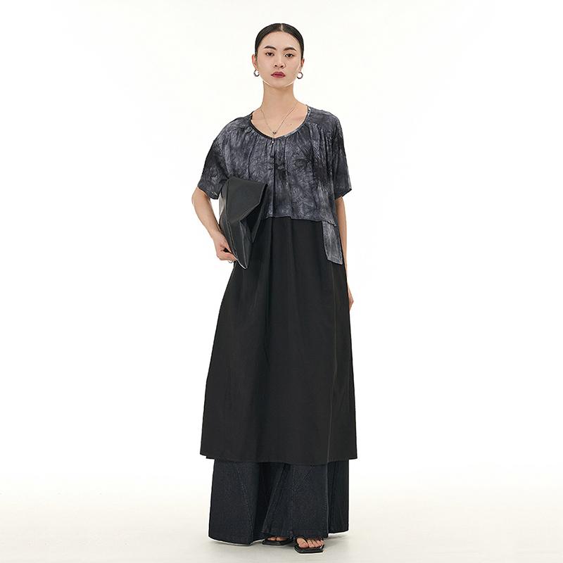 

XITAO Лоскутное платье с принтом тай-дай Свободное платье с коротким рукавом Повседневная летняя мода LYD1636 One Size чёрный